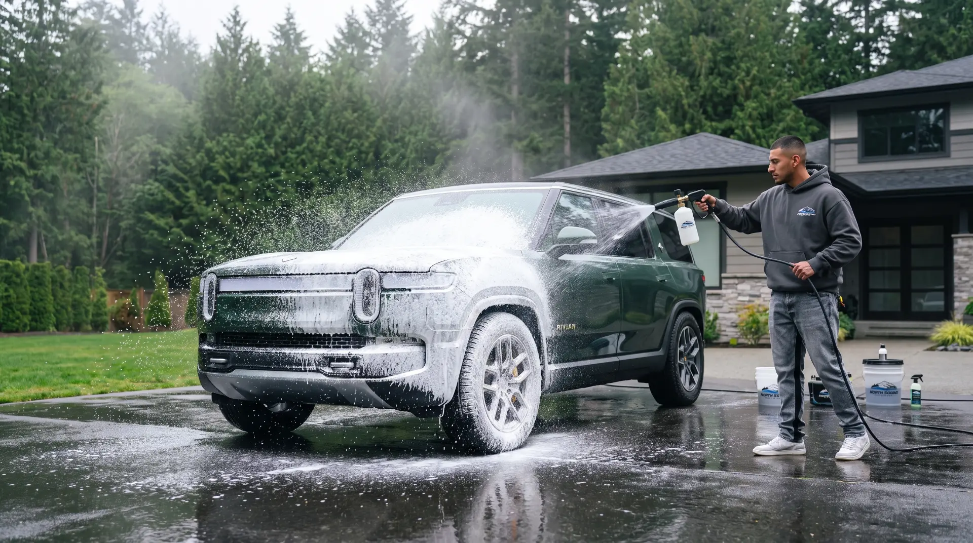 Freshly detailed black sports car in a rainy Pacific Northwest driveway