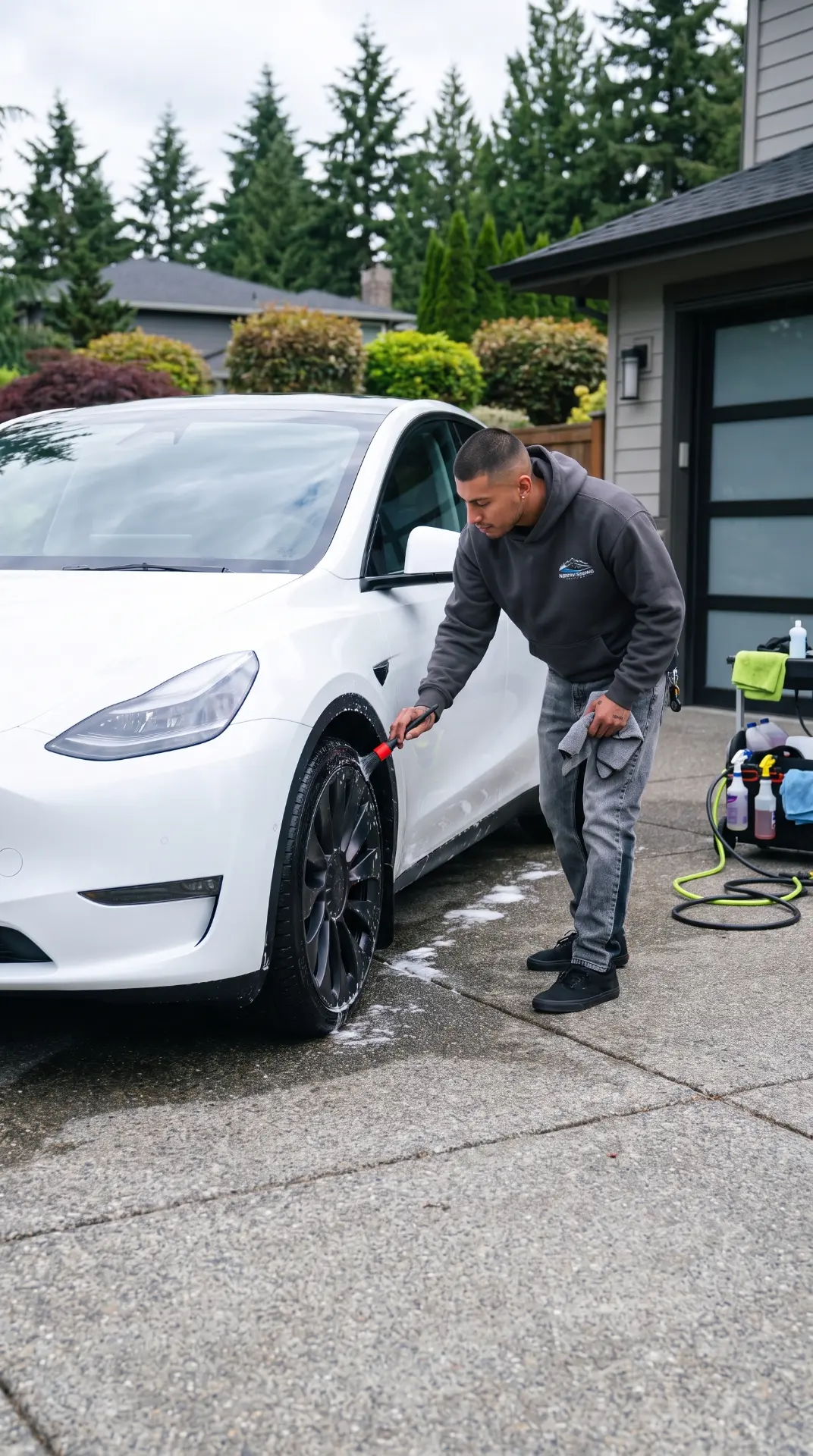 Detailer cleaning a wheel and tire on a white Tesla